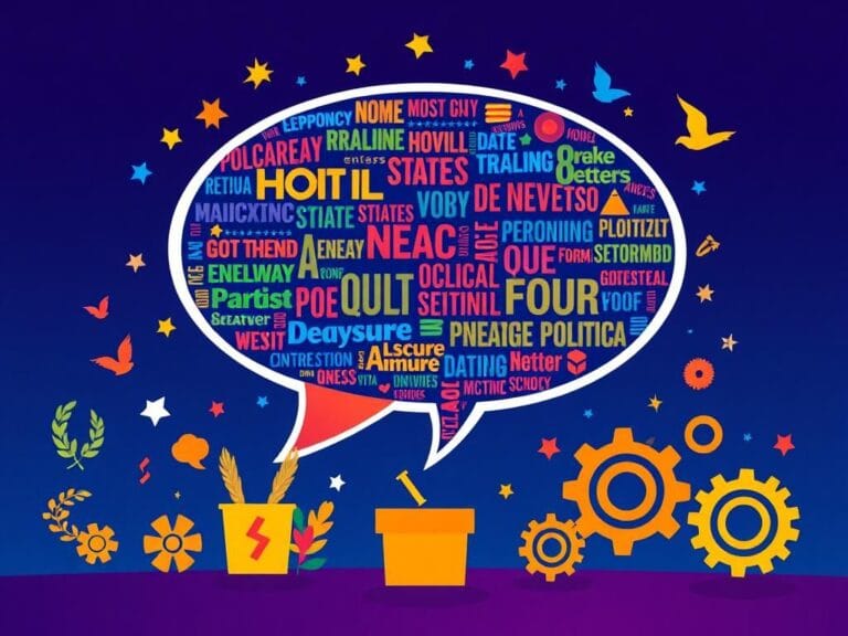 Flick International A vibrant abstract speech bubble filled with colorful political symbols and text, representing diverse opinions.