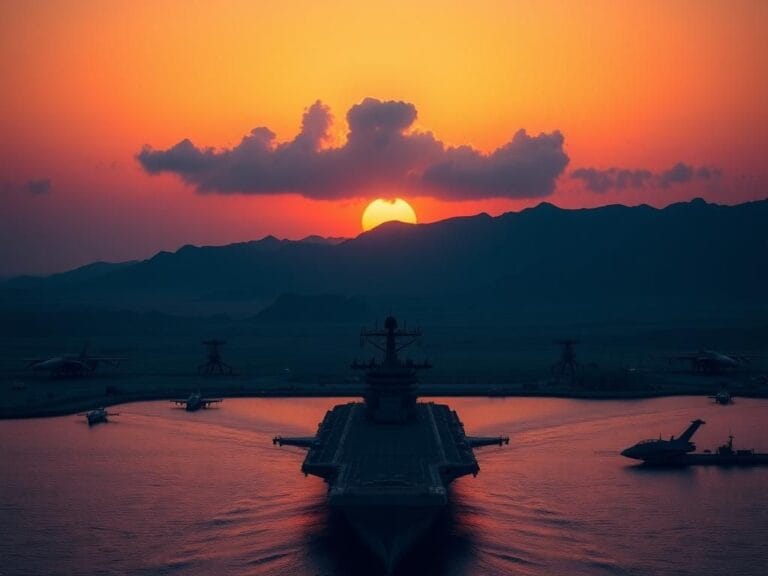 Flick International Aerial view of a Middle Eastern military base at dusk with military equipment silhouetted against the sunset