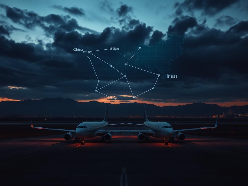 Flick International Aerial view of a deserted airport runway with cargo aircraft during dusk