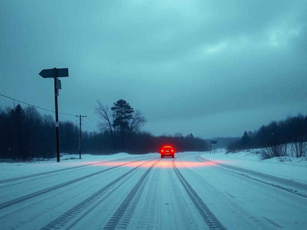 Flick International Snow-covered road in Massachusetts with glowing red SUV taillights under an overcast sky