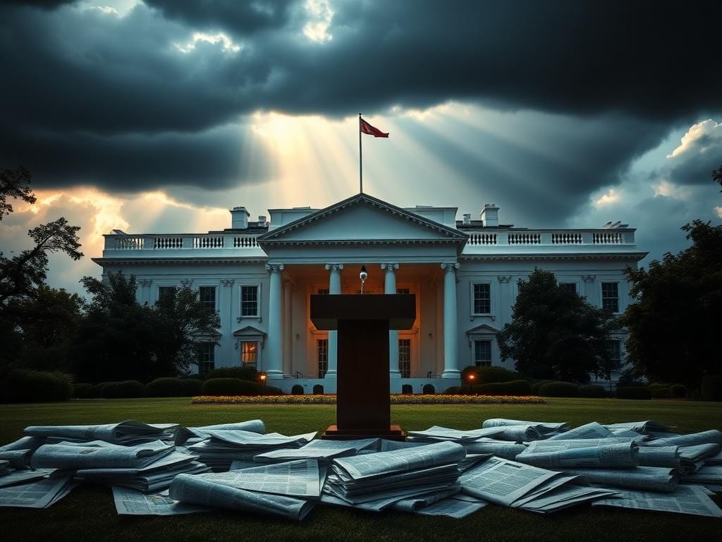 Flick International Dramatic view of the White House facade with an empty press podium under bright lights