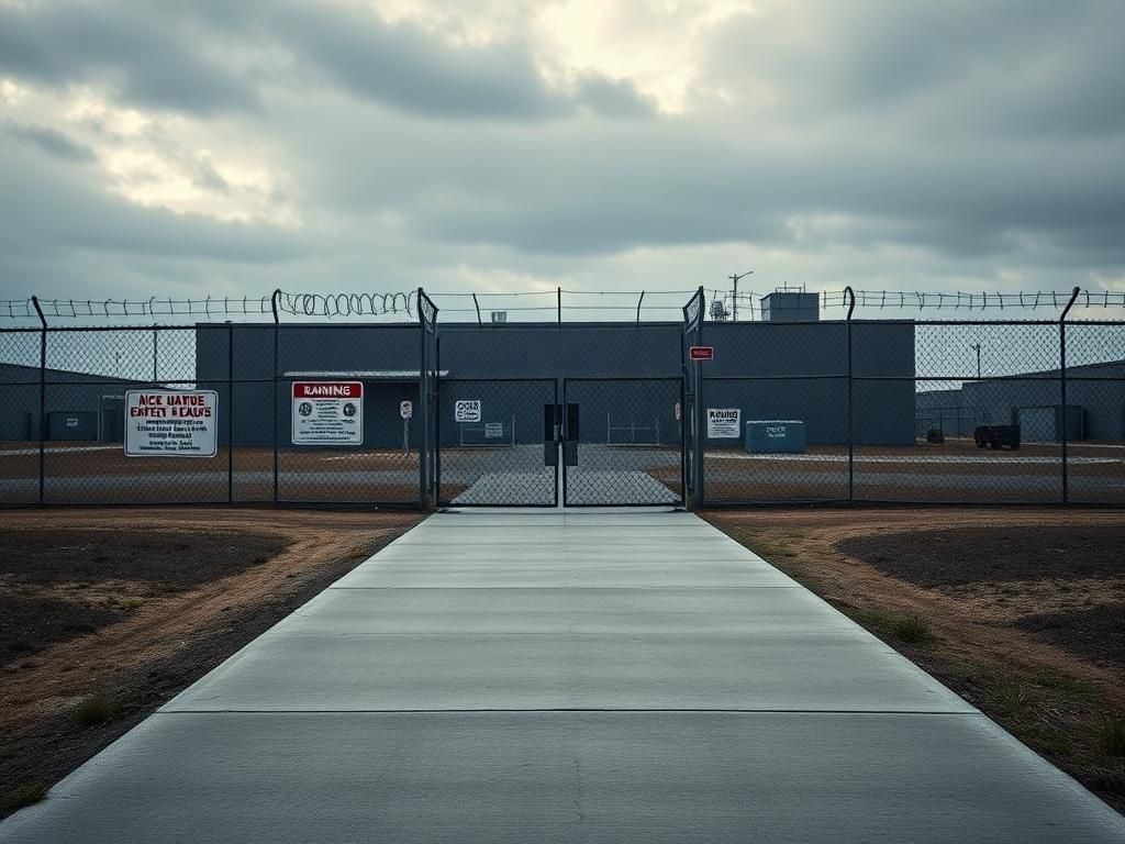 Flick International Industrial landscape of an ICE detention facility with barbed wire fencing and a heavy locked gate