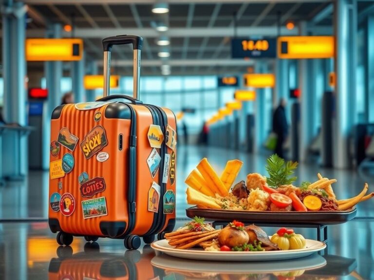 Flick International A traveler's luggage with colorful stickers at an airport check-in area, depicting security measures