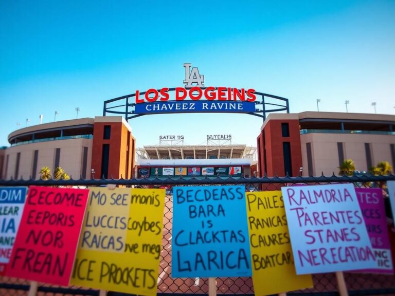 Flick International A vibrant scene at the Los Angeles Dodgers stadium with protest signs for immigrant rights