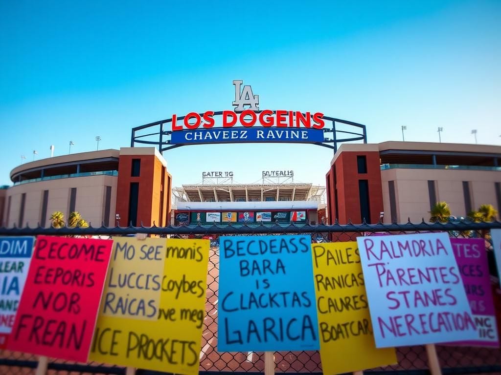 Flick International A vibrant scene at the Los Angeles Dodgers stadium with protest signs for immigrant rights