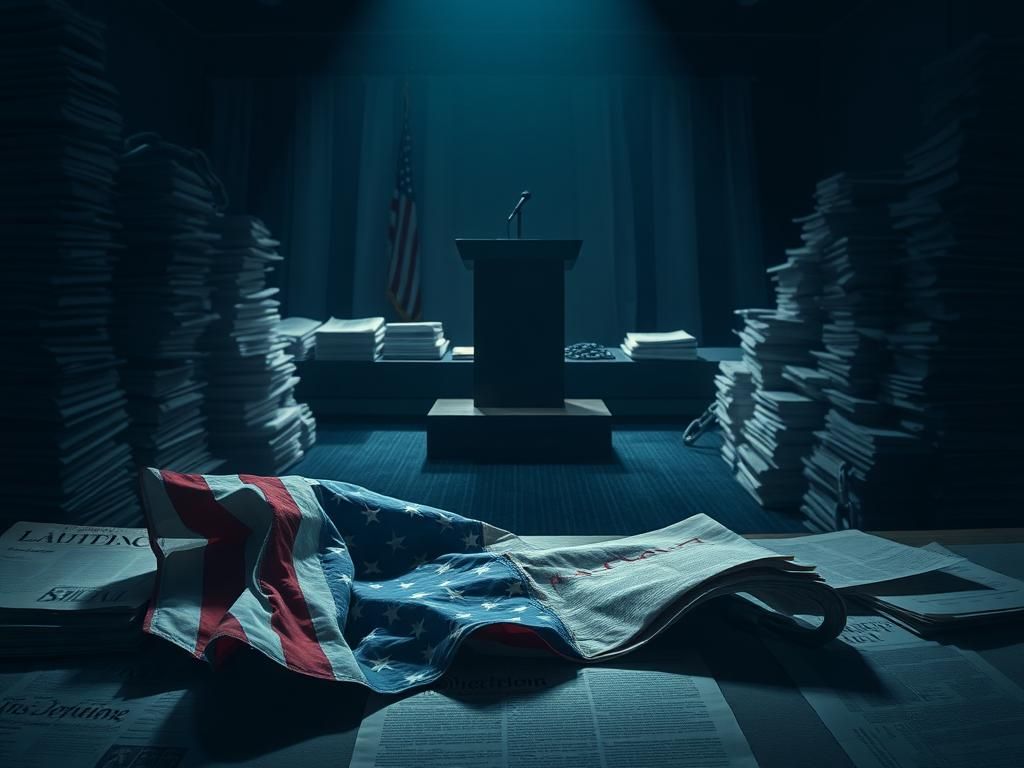 Flick International A dimly lit room with a crumpled American flag and a cracked constitution, symbolizing political disillusionment.
