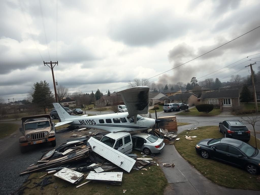 Flick International Aerial view of the wreckage of a small Cessna aircraft in a suburban neighborhood after a crash.