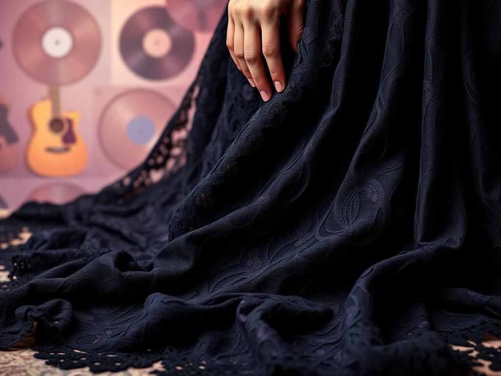 Flick International Close-up of a vibrant black lace dress draped on the ground, suggesting movement and elegance.