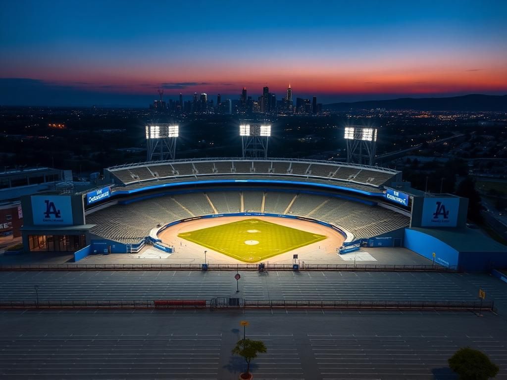Flick International Aerial view of Dodger Stadium at dusk with illuminated parking lot