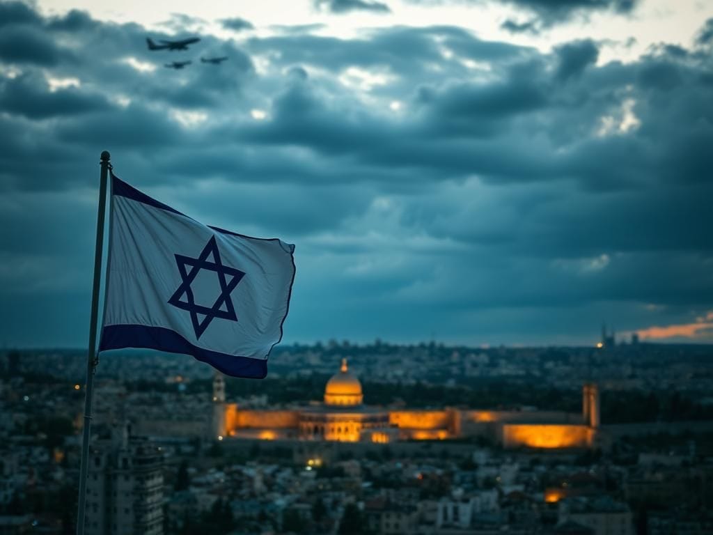 Flick International Aerial view of Jerusalem skyline at twilight with an Israeli flag