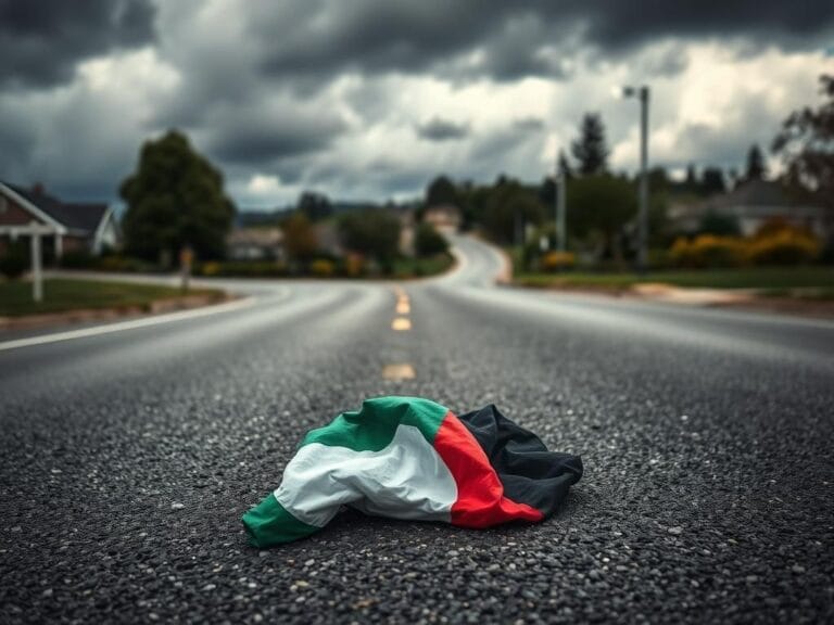 Flick International Crumpled Palestinian flag on asphalt symbolizing conflict and division