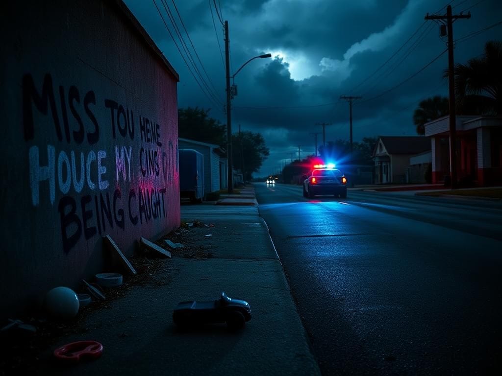 Flick International Graffiti-covered wall in an urban setting with a police cruiser silhouette