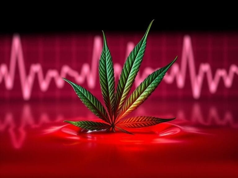 Flick International Close-up of a cannabis leaf submerged in red liquid, symbolizing heart health risks
