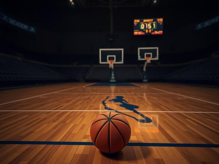 Flick International A dimly lit basketball court with a well-worn basketball resting on the floor, symbolizing anticipation for the NBA Draft.