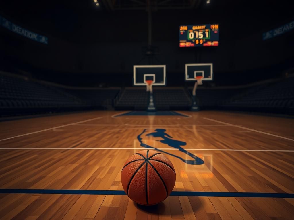 Flick International A dimly lit basketball court with a well-worn basketball resting on the floor, symbolizing anticipation for the NBA Draft.