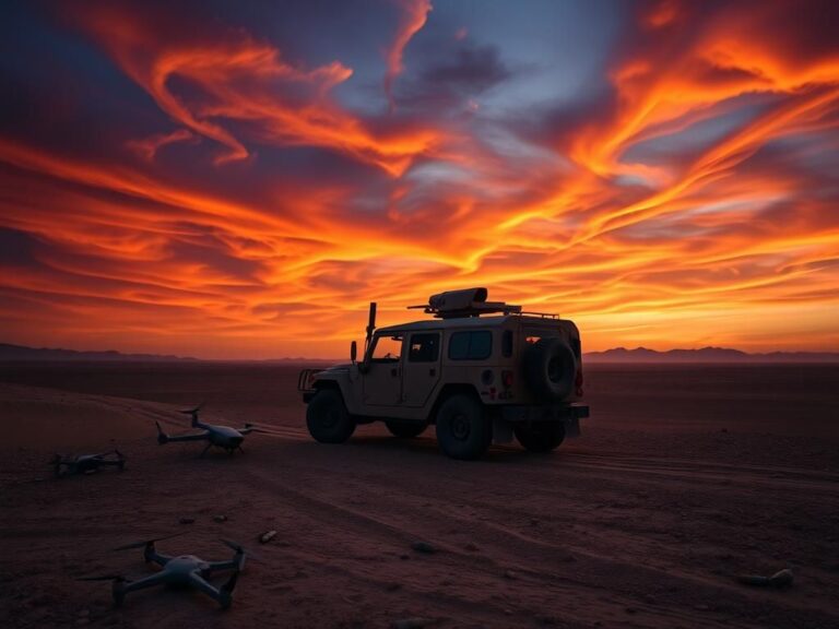 Flick International A solitary military vehicle on a rugged desert pathway at dusk amidst a dramatic Middle Eastern landscape