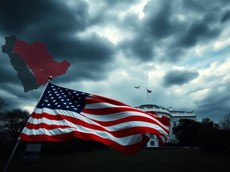 Flick International A symbolic representation of the U.S. political landscape featuring a large American flag in the foreground and the White House silhouette in the background.