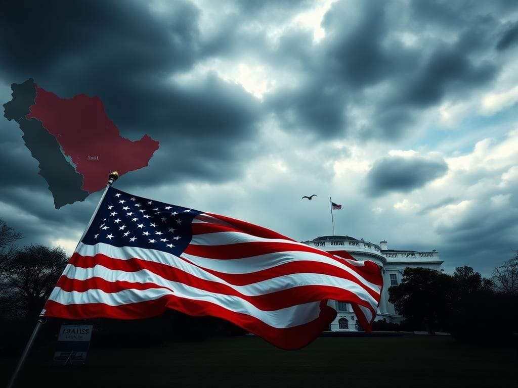 Flick International A symbolic representation of the U.S. political landscape featuring a large American flag in the foreground and the White House silhouette in the background.