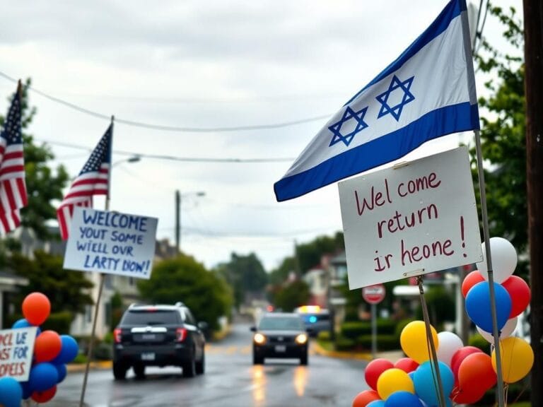 Flick International Vibrant display of American and Israeli flags welcoming Edan Alexander in Tenafly, New Jersey