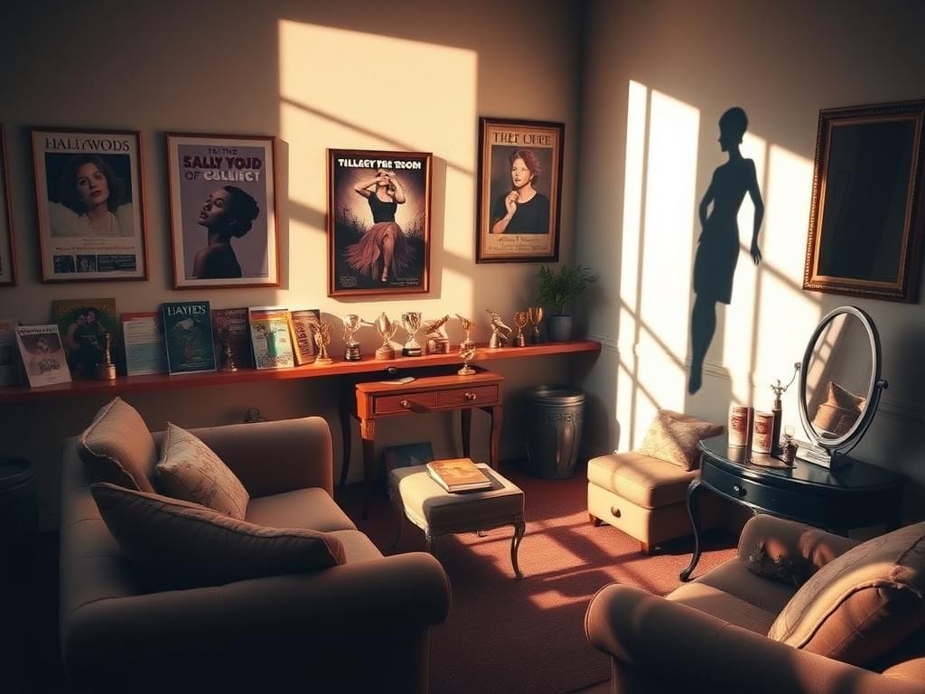 Flick International A cozy vintage Hollywood dressing room filled with colorful scripts and plush couches.