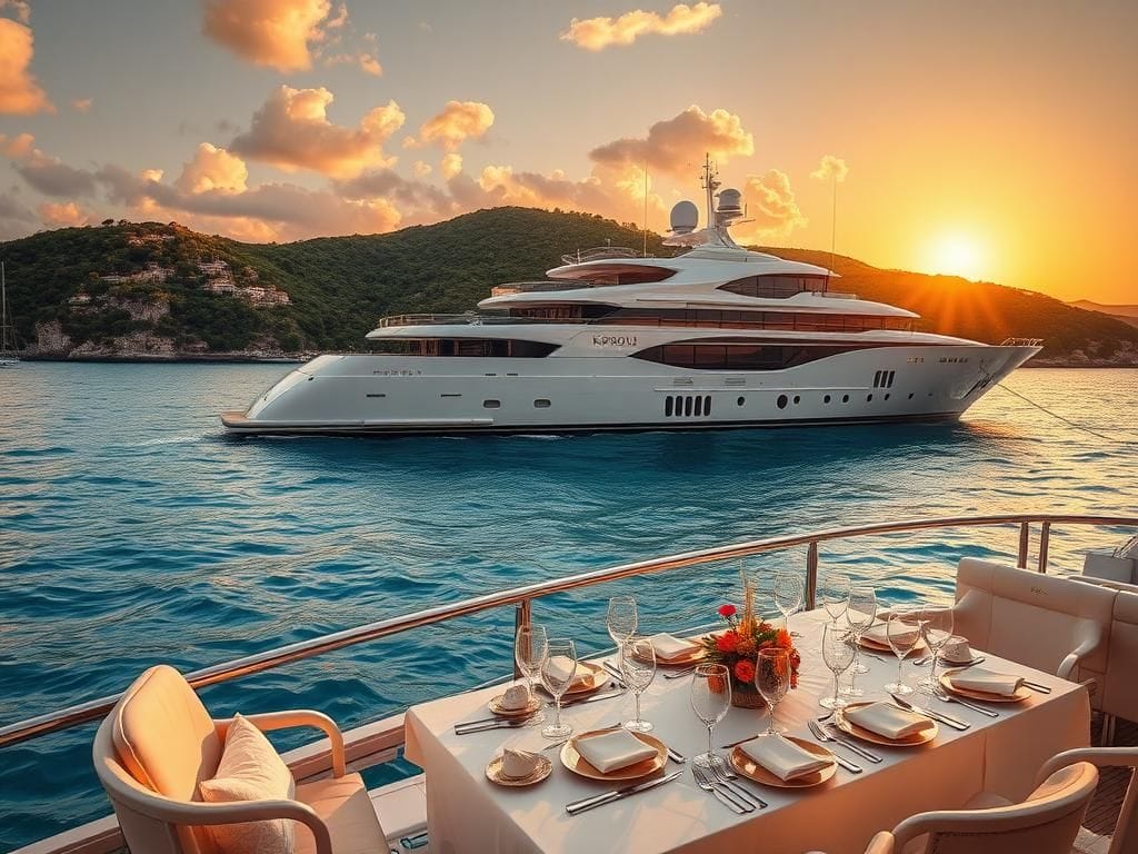 Flick International A luxurious yacht anchored in a serene Mediterranean bay, reflecting a high-profile wedding event for Jeff Bezos.