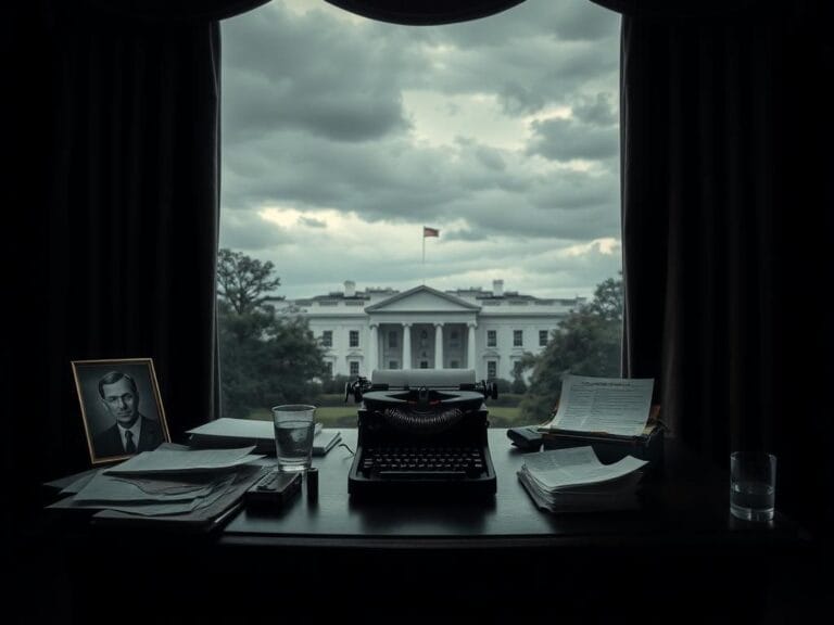 Flick International Empty presidential desk with documents and vintage typewriter symbolizing uncertainty in leadership