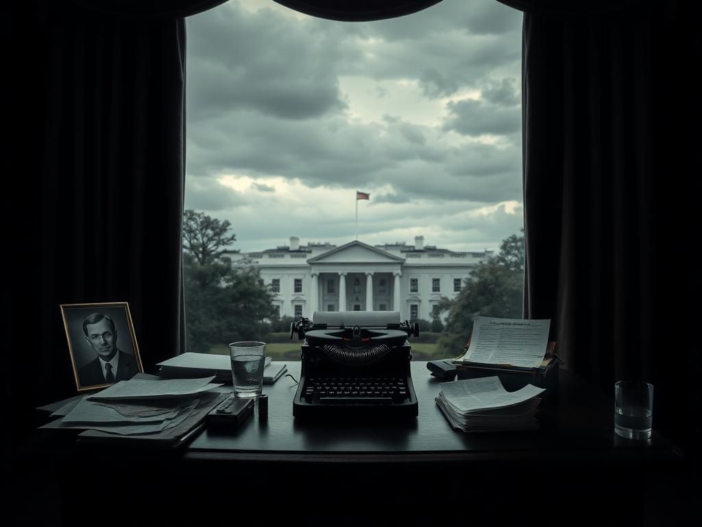 Flick International Empty presidential desk with documents and vintage typewriter symbolizing uncertainty in leadership