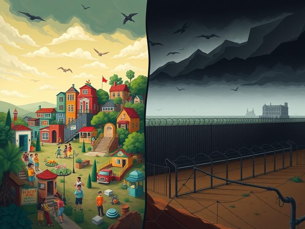 Flick International Conceptual illustration depicting the contrasting themes of legal immigration and deportation policies in the United States.