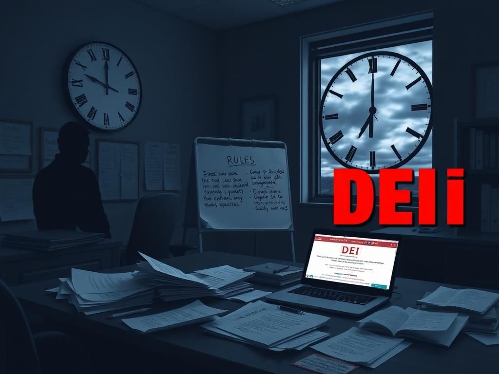 Flick International Dimly lit university office with scattered papers and a closed laptop, symbolizing secrecy in DEI policies