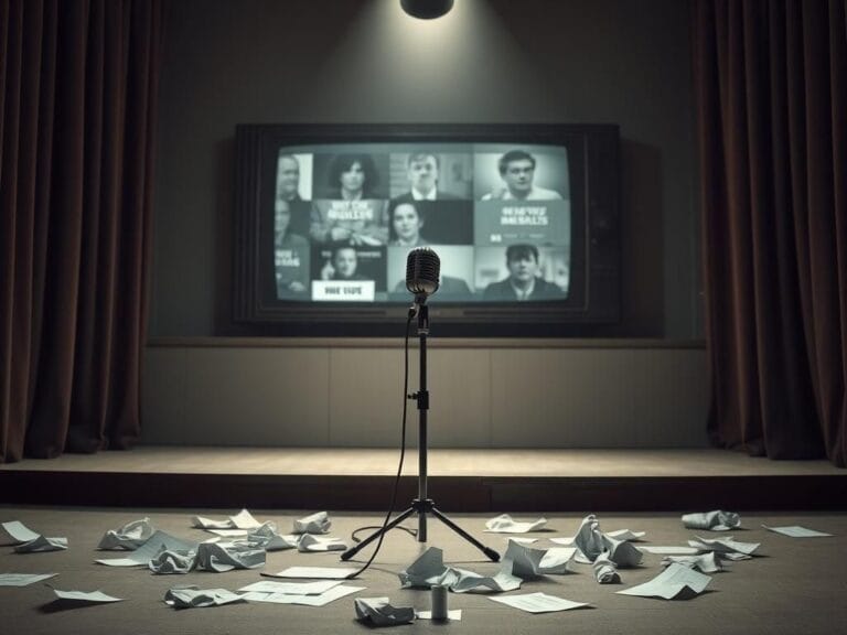 Flick International An empty microphone on a stand with crumpled sketches and a retro television in the background