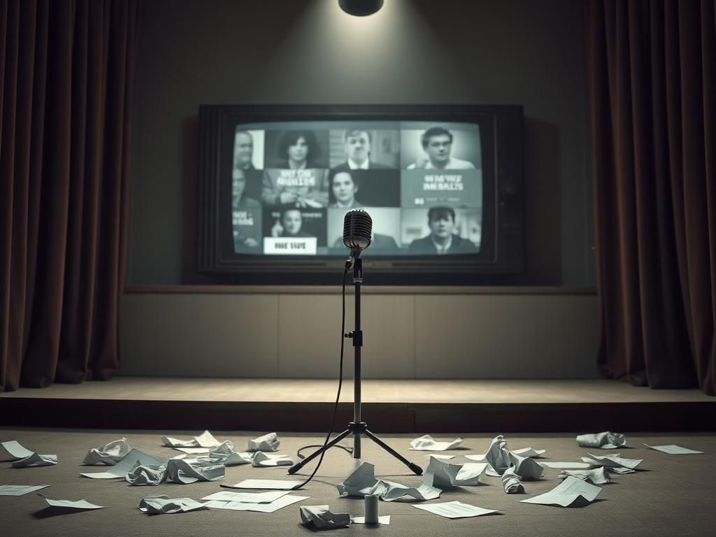 Flick International An empty microphone on a stand with crumpled sketches and a retro television in the background