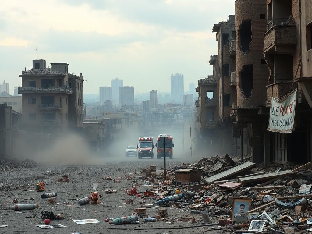 Flick International Aftermath of a missile strike in an urban landscape showing destroyed buildings and debris