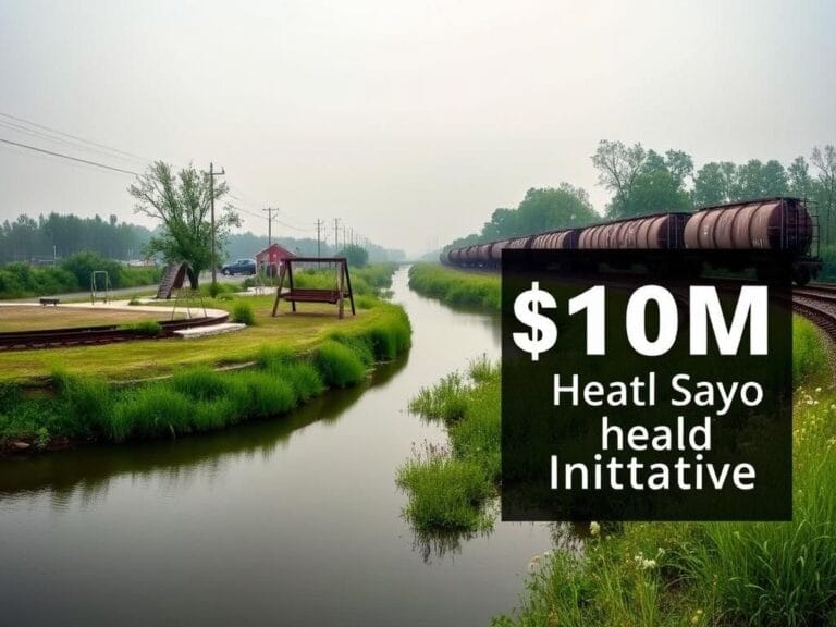 Flick International Panoramic view of East Palestine, Ohio, highlighting the tranquil river and remnants of a toxic train derailment.
