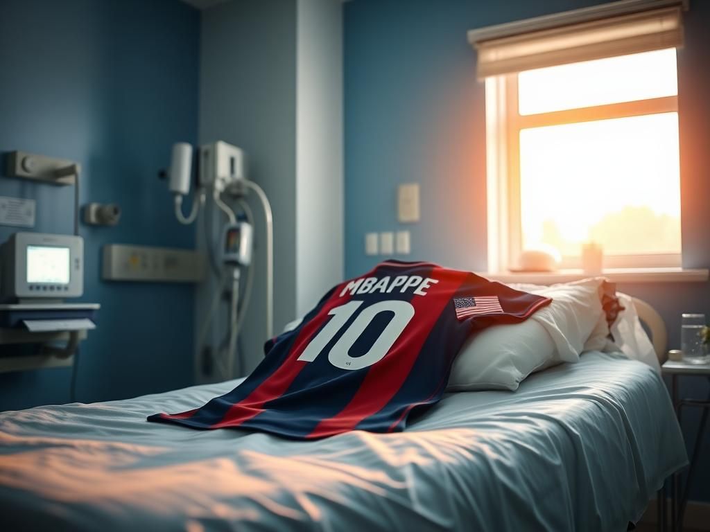 Flick International Hospital room featuring a soccer jersey representing Kylian Mbappé's absence during recovery