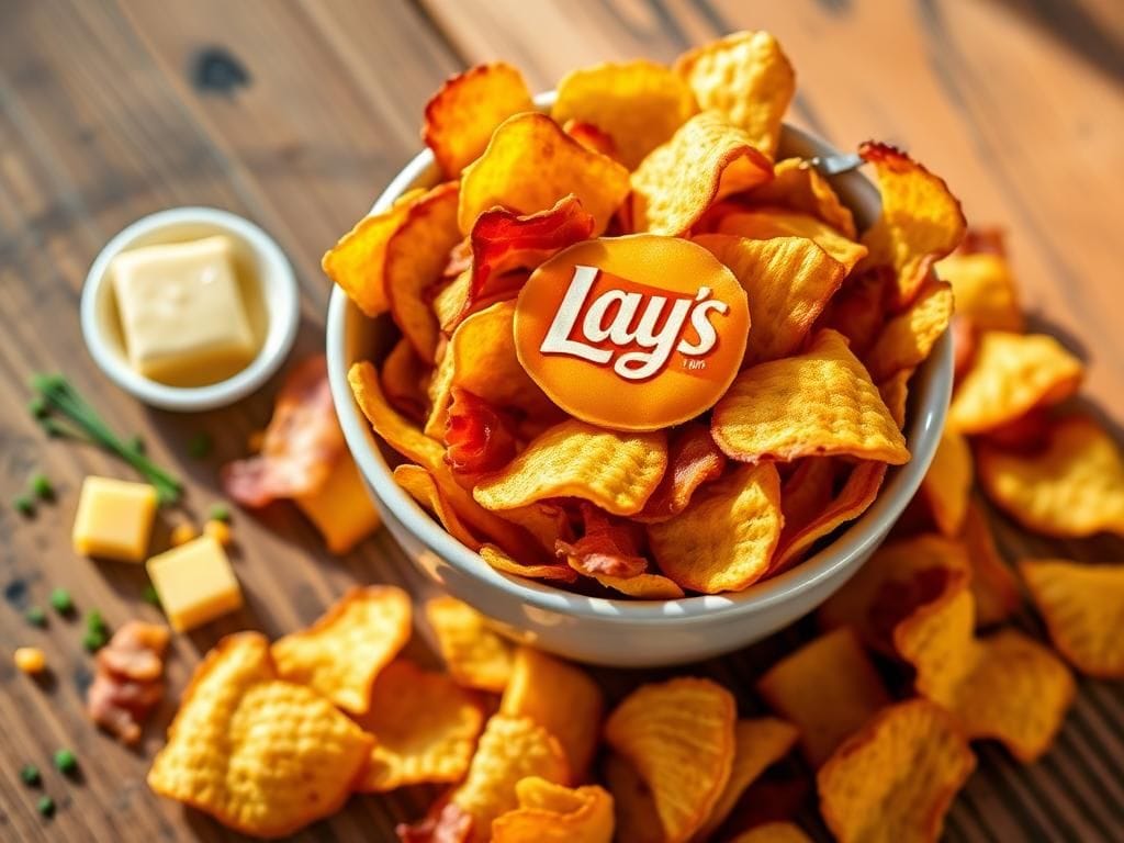 Flick International A vibrant close-up of Lay's Bacon Grilled Cheese potato chips in a rustic bowl surrounded by fresh ingredients.