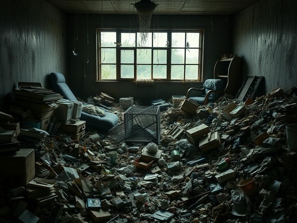 Flick International Cluttered room filled with trash and debris from severe hoarding conditions