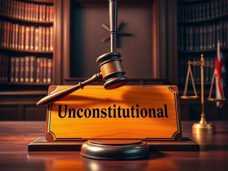 Flick International A gavel striking down on a plaque labeled 'Unconstitutional', with a backdrop of legal books and scales of justice.