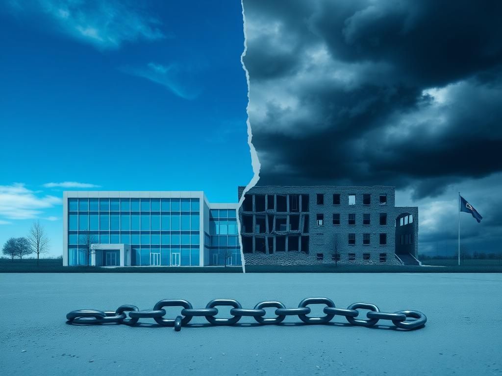 Flick International Split landscape depicting healthcare policy debate with vibrant healthcare facility and dark storm clouds over crumbling building.