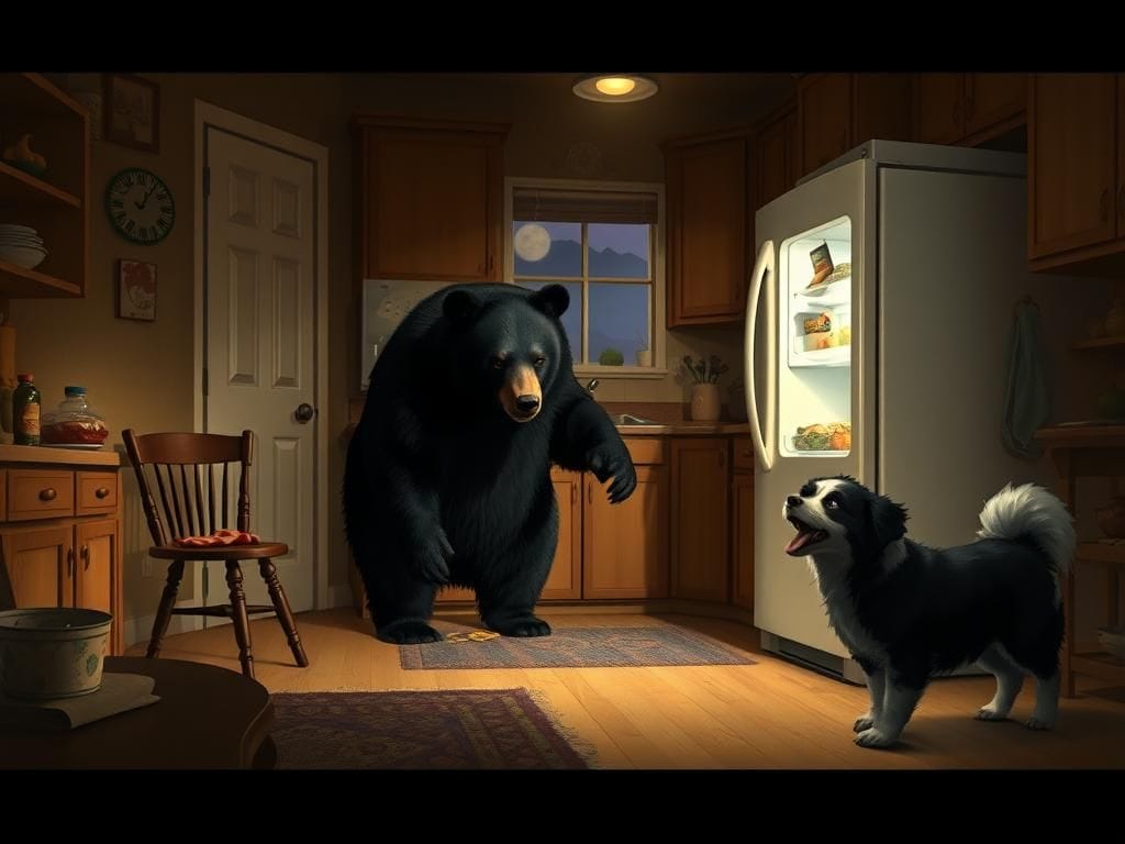 Flick International A courageous dog named Doodle confronts a large black bear in a California kitchen