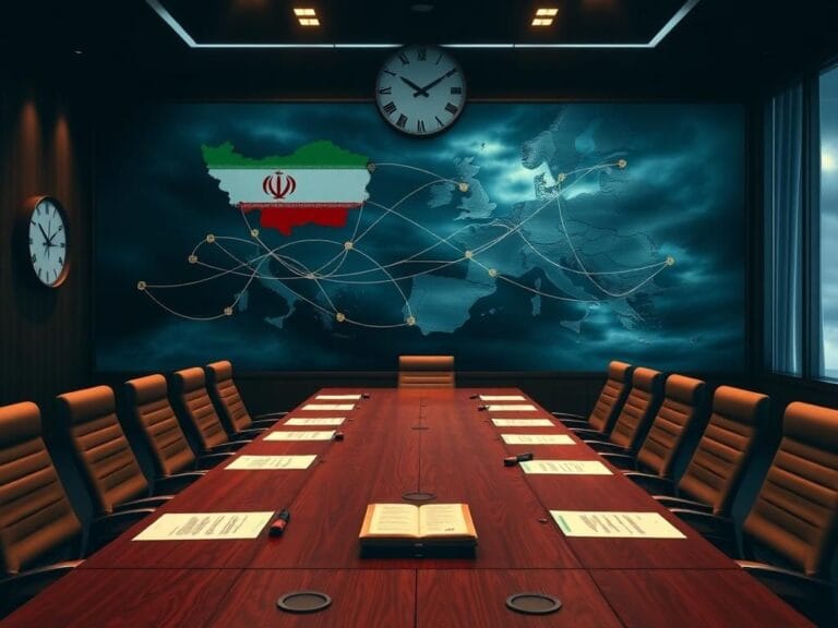Flick International Conference room set for Iran-EU diplomatic negotiations with empty seats and documents