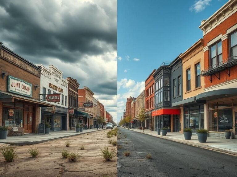 Flick International A split scene depicting a dilapidated small-town Main Street contrasting with a vibrant urban area.