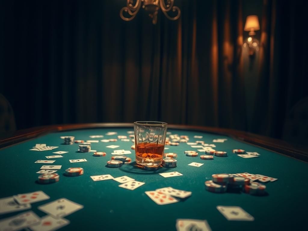 Flick International Dimly lit poker table with scattered cards and chips, scene of altercation