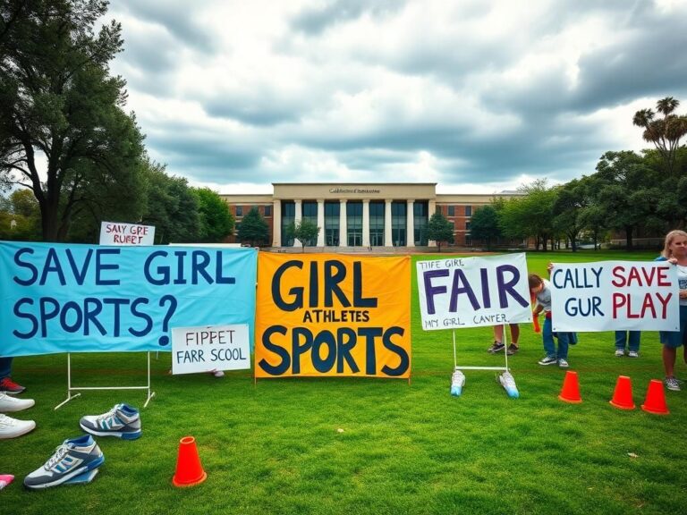 Flick International Bright handmade banners and signs advocating for girl athletes' rights in a protest environment