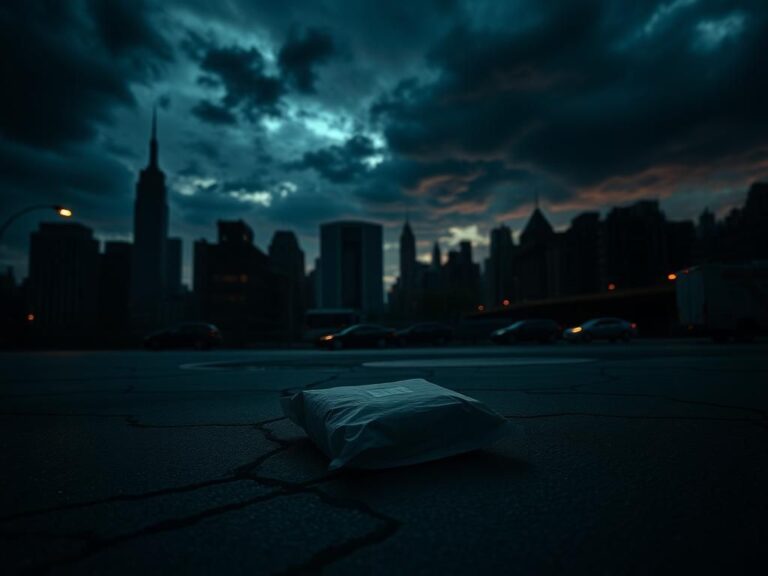 Flick International Dark cityscape of New York City at dusk with iconic skyline and ominous clouds