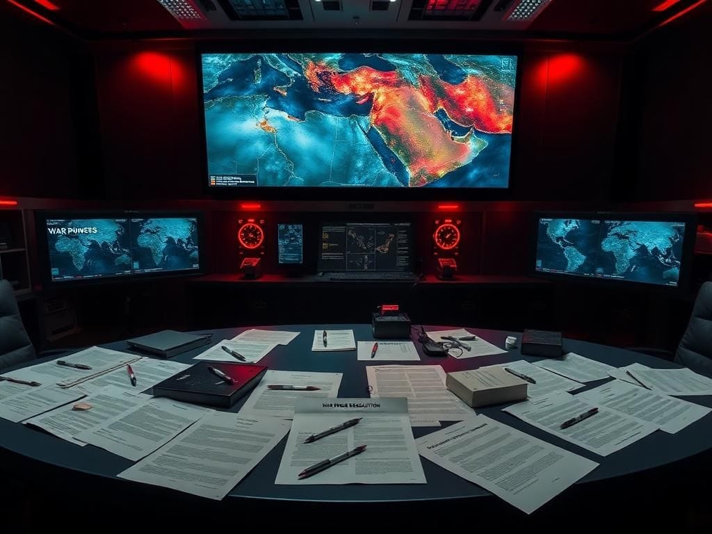 Flick International A dramatic aerial view of a military command center with maps and satellite images reflecting urgency around Iran.