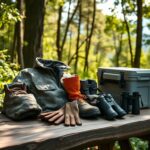 Flick International A serene outdoor scene featuring hunting gear on a rustic wooden table in a sun-dappled forest.