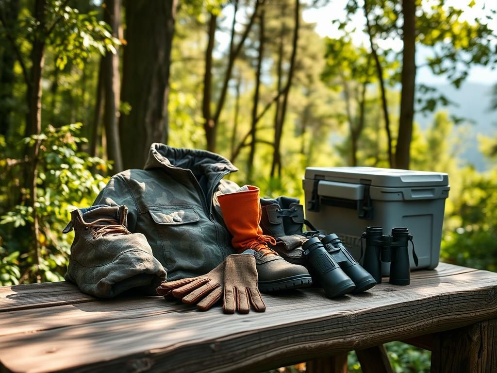Flick International A serene outdoor scene featuring hunting gear on a rustic wooden table in a sun-dappled forest.