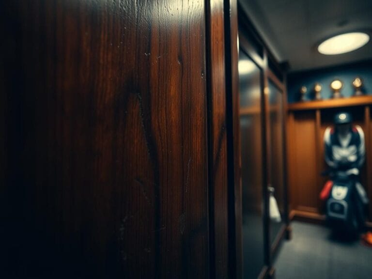 Flick International Close-up of a damaged wooden locker door in the Oakmont Country Club locker room