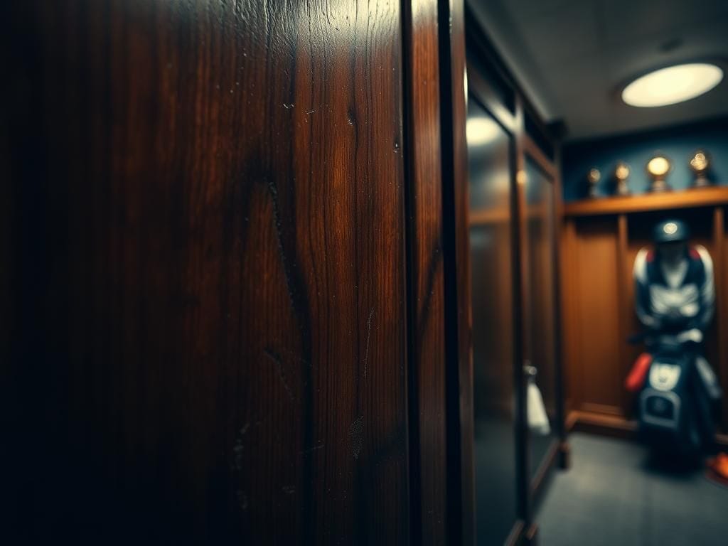 Flick International Close-up of a damaged wooden locker door in the Oakmont Country Club locker room