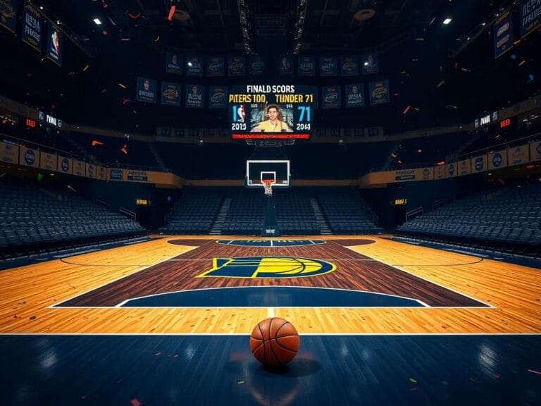 Flick International Dramatic scene of an empty basketball court featuring the Indiana Pacers' colors and logo